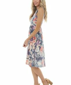 Vanilla Bay Dresses Navy Floral Print Drop Waist Sleeveless Short Knit Dress