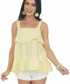 Entro Tops Lemon Woven Tank Top With Ruffle Details