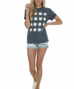 Lotus Fashion Black Mineral Washed Daisy Print Graphic Tee