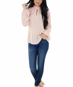 Main Strip Peach Smocked Neck Bubble Sleeve Keyhole Top