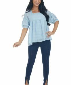 &merci Tops Powder Blue Babydoll Puff Sleeve Blouse With Square Neck
