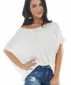 CY Fashion Ivory Waffle Knit Open Back Top With Exposed Stitching Tops