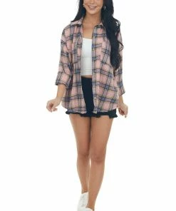 Fantastic Fawn Tops Baby Pink Plaid Collared Chest Pocket Flannel