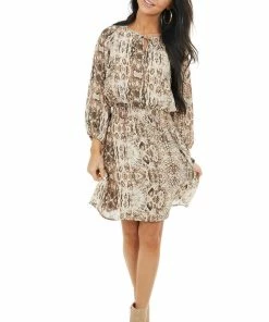 She + Sky Beige Snakeskin Print Short Dress With Smocked Waist Dresses