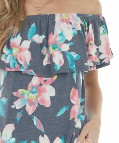 Sweet Lovely Dresses Navy Floral Off Shoulder Overlay Mini Dress