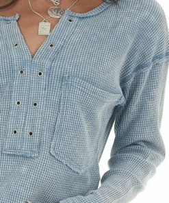 BiBi Baby Blue Washed Thermal Knit Chest Pocket Top