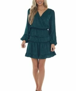 Peach Love Forest Green Tiered Satin Surplice Dress Dresses