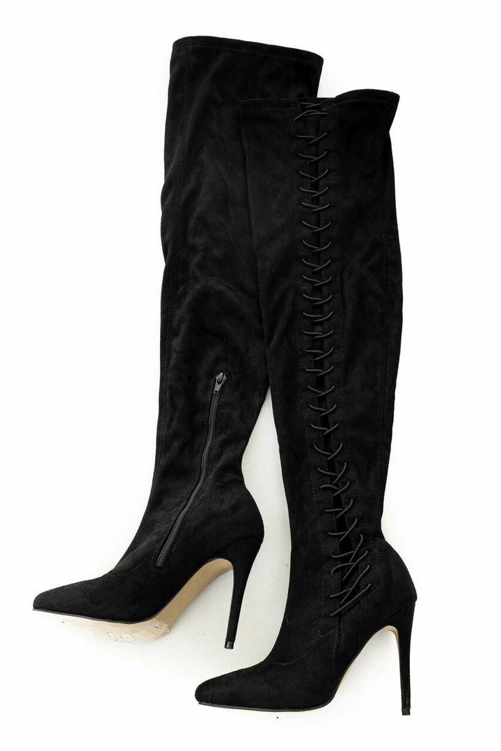 JP ORIGINAL CORP Black Lace Up Thigh High Stiletto Suede Boots 9 JP ORIGINAL CORP Black Lace Up Thigh High Stiletto Suede Boots