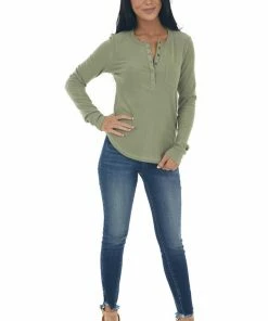 Very J Tops Sage Ribbed Knit Long Sleeve Henley Top