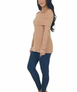 Doe & Rae Tops Dark Apricot Ribbed Knit Folded Off The Shoulder Top