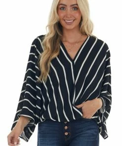 Andree Black And Ivory Striped Surplice Neck Blouse