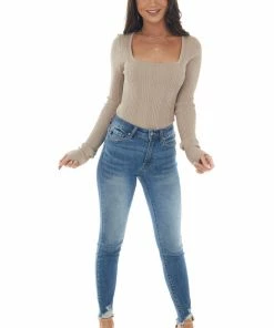 Emory Park Latte Ribbed Knit Top With Cut Out Back Tops