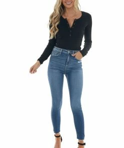 Entro Tops Black Ribbed Knit Bodysuit With Long Sleeves