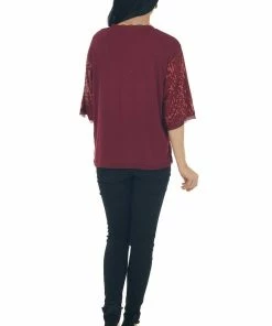 Umgee Tops Maroon Sequined Half Sleeve V Neck Top