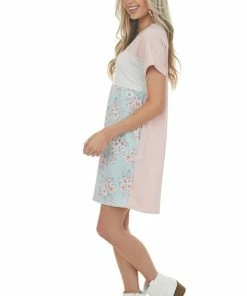 Vanilla Bay Tea Rose Floral Colorblock Dress With Pockets