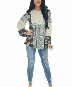 Ces Femme Taupe And Olive Multiprint Long Sleeve Top Tops