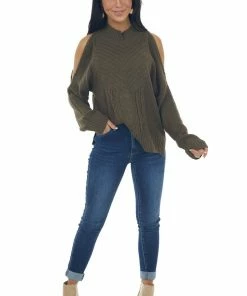 Miss Sparkling Army Green Cold Shoulder Cable Knit Sweater