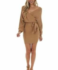 Style Melody Brown Sugar Surplice Ribbed Knit Sweater Dress Dresses
