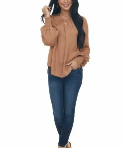 Peach Love Copper Silky Smocked Cuff Curved Hem Blouse Tops