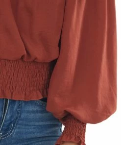She + Sky Tops Terracotta Off Shoulder Long Sleeve Blouse