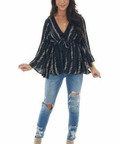 ANGIE Black Floral Print Drop Waist Top With Tie Tops