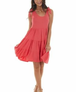 143 Story Watermelon Tiered Tie Strap Knit Short Dress