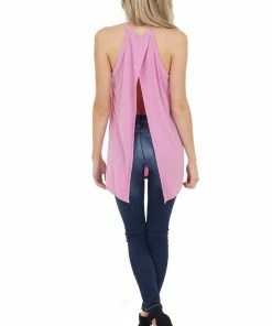 White Birch Light Magenta Sleeveless High Neck Top With Open Slit Back Tops 27 White Birch Light Magenta Sleeveless High Neck Top With Open Slit Back Tops