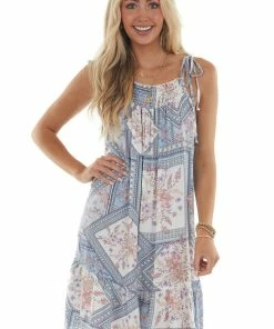 Ces Femme Powder Blue Printed Sleeveless Short Dress
