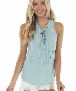 CY Fashion Tops Seafoam Sleeveless Top With Front Tie And Distressed Holes 26 CY Fashion Tops Seafoam Sleeveless Top With Front Tie And Distressed Holes
