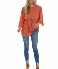 Haptics Pumpkin 3/4 Flare Sleeve Drop Waist Blouse