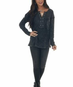 BiBi Tops Charcoal Washed Thermal Knit Chest Pocket Top 21 BiBi Tops Charcoal Washed Thermal Knit Chest Pocket Top