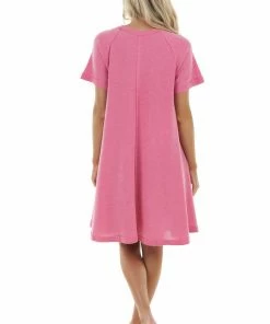 Ces Femme Heathered Hibiscus Short Swing Dress With Raw Edge Details