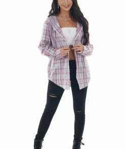 Hem & Thread Tops Orchid Plaid Print Shirt Jacket With Hoodie