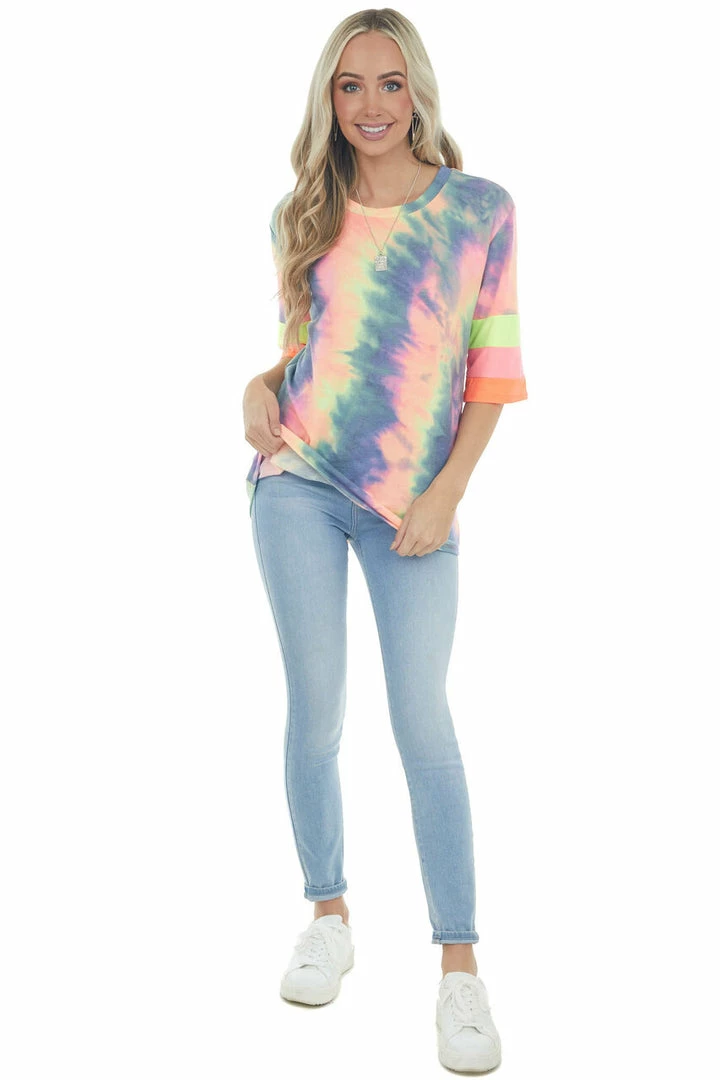 Vanilla Bay Neon Multicolor Tie Dye Knit Top With Stripe Contrast Detail Tops 6 Vanilla Bay Neon Multicolor Tie Dye Knit Top With Stripe Contrast Detail Tops