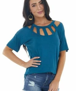BiBi Tops Dark Ocean Blue Short Sleeve Knit Top With Caged Neckline