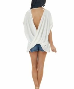 CY Fashion Ivory Waffle Knit Open Back Top With Exposed Stitching Tops