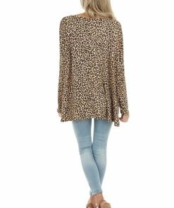 FSL APPAREL Beige Leopard Print Long Sleeve Top With Sequin Chest Pocket