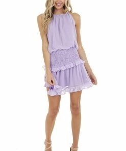 Do + Be Lavender Halter Mini Dress With Smocked Ruffle Detail Dresses
