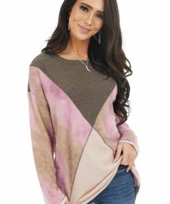 BiBi Tops Taupe And Blush Colorblock Long Sleeve Top With Tie Dye 26 BiBi Tops Taupe And Blush Colorblock Long Sleeve Top With Tie Dye