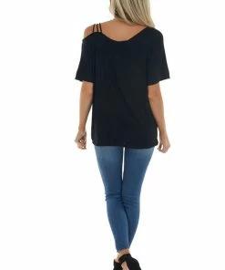 BiBi Black Cold Strapped Shoulder Soft Knit Short Sleeve Top Tops