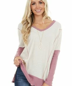 First Love Cream And Mauve Contrast Waffle Knit V Neck Top 26 First Love Cream And Mauve Contrast Waffle Knit V Neck Top