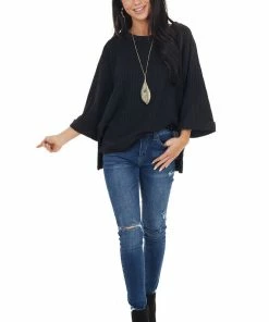 Umgee Tops Black Ribbed Loose Knit Top With Wide Sleeves