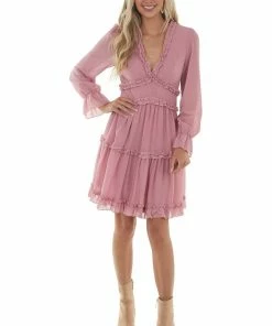BiBi Dark Blush Sheer Sleeve Frill Tiered Dress Dresses