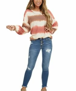 Lime 'N' Chili Sienna And Coral Tie Dye Round Neckline Long Sleeve Top Tops