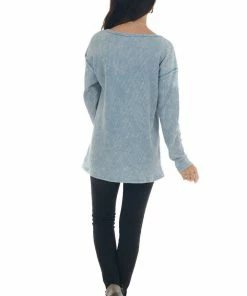 BiBi Baby Blue Washed Thermal Knit Chest Pocket Top