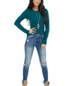 Heart & Hips Tops Pine Green Waffle Knit Top With Rounded Neckline