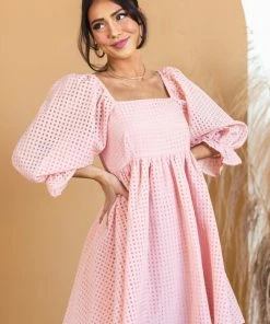 Entro Dresses Peach Sheer Checkered Pattern Short Dress