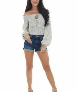 Illa Illa Steel Grey And Ivory Printed Smocked Off The Shoulder Blouse Tops