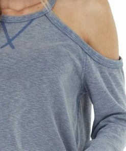Doe & Rae Tops Dusty Blue Two Toned Long Sleeve Top With Cold Shoulder
