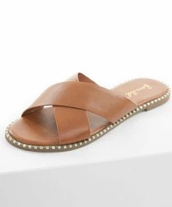 CCOCCI Cognac Criss Cross Slip On Sandals With Metallic Details
